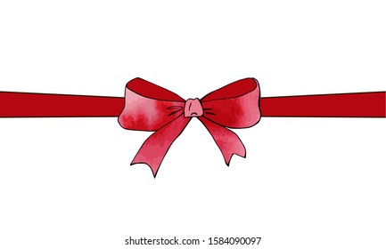 Festive red ribon tied bow with watercolor texture. Holiday design. For postcards, greetings, cards, logo. Hand drawn package and box decoration. Birthday, anniversary, Valentine, Christmas gift. 