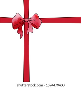 Festive red ribon tied bow with watercolor texture. Holiday design. For postcards, greetings, cards, logo. Hand drawn package and box decoration. Birthday, anniversary, Valentine, Christmas gift. 