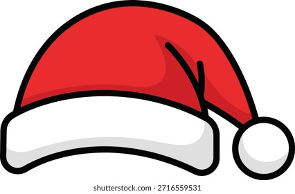 Un sombrero de Santa rojo festivo con un borde blanco esponjoso y pompones, representado en un estilo alegre de dibujos animados, perfecto para temas de vacaciones y celebraciones de Navidad.