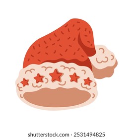 Festive red Santa hat with stars flat color vector object. Knitted accessory for Christmas celebrations illustration on white background