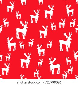 Festive red seamless pattern with white deer silhouettes. Lovely silhouette of Christmas deer Rudolph in scarf. Hand drawn animal illustration for prints, wrapping paper, fabric, design, scrapbook.