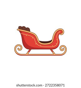 Un trineo rojo festivo diseñado para Santa Claus, adornado con adornos dorados y llevando una carga de regalos.