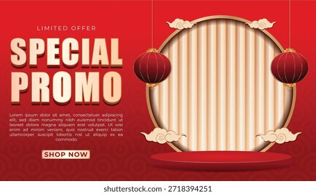 Anuncio promocional especial rojo festivo con linternas y podio