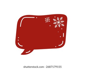 Una burbuja de discurso rojo festivo, decorado con delicados copos de nieve para cálidos saludos invernales, historias de vacaciones o alegría de Navidades alegres.