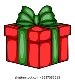 Festive red vector gift box illustration with a stylized green bow, perfect for holiday designs and celebrations.