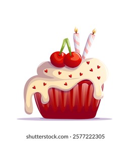 A festive Red Velvet cupcake topped with smooth white cream, a juicy red cherry, and lit candles. This delicious treat is perfect for celebrations, bringing joy and sweetness to any occasion