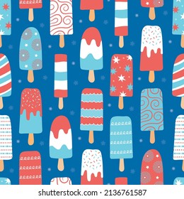 Festive red, white and blue ice lolly background with stars and stripes. Seamless vector pattern.