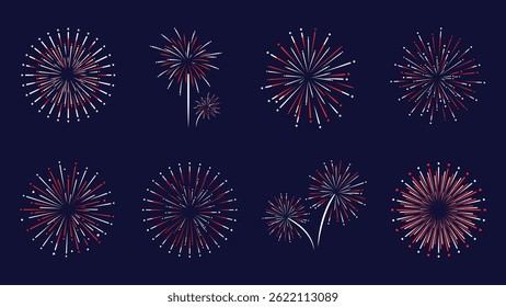 Festive Red and White Fireworks Vector Set on Dark Blue Background
