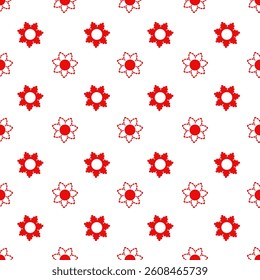 Festive Red and White Flower Pattern: Cheerful Floral Repeat Design with Solid and Outlined Blossoms on a Bright White Background for Textiles and Decor