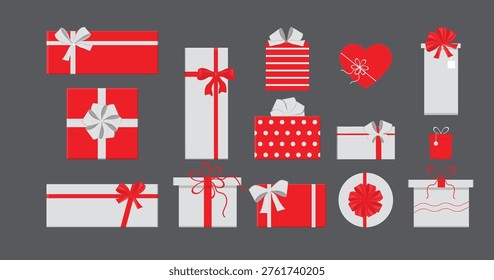 Festive Red and White Gift Boxes Vector Collection with Ribbons and Bows.