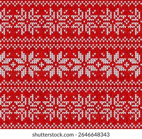 A festive red and white knitted pattern featuring snowflakes, ideal for holiday-themed designs.