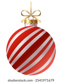 Festive red and white striped Christmas ornament with a gold ribbon and hanger on a white background. New Year Christmas tree toy.