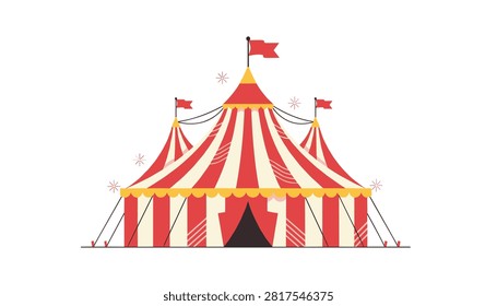 Festive red and white striped circus tent design with floating sparkles and decorative banners.