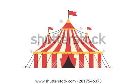 Festive red and white striped circus tent design with floating sparkles and decorative banners.