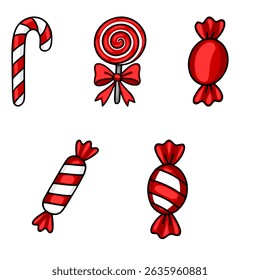 Festive red and white vector illustration of assorted Christmas candies: candy cane, lollipop with a bow, and wrapped hard candies.