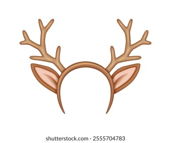 Festive reindeer antlers headband with ears realistic vector illustration. Christmas celebration accessory 3d object on white background