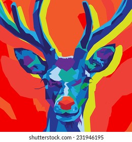 Festive Reindeer made out of cool blue and purple Geometric shapes on a Red, orange and lime green background