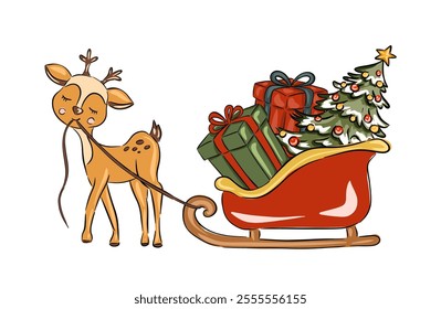 Festive reindeer pulls colorful sleigh with gifts and decorated Christmas tree isolated on white vector illustration