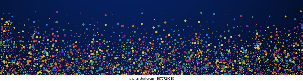 Festive remarkable confetti. Celebration stars. Rainbow confetti on dark blue background. Adorable festive overlay template. Panoramic vector background.