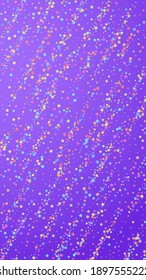 Festive remarkable confetti. Celebration stars. Colorful stars dense on violet background. Good-looking festive overlay template. Vertical vector background.