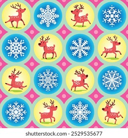 Festive repeat pattern. Christmas reindeer ans snowflakes