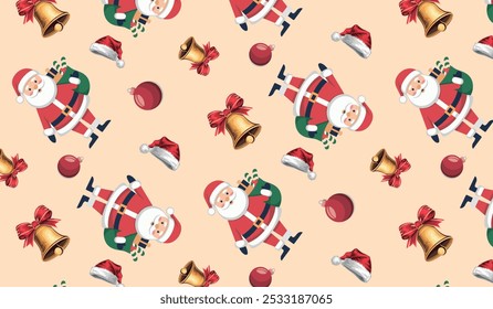 Festive repeating pattern with Santa Claus, bells, ornaments, for Christmas-themed textile prints or web backgrounds