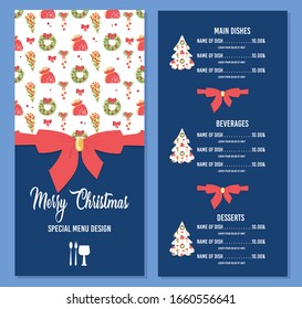 Festive Restaurant Menu for Christmas Holidays with Fir-Tree Wreath and Santa Claus Bag Print. Template with Copy Space for Beverages, Main Dishes and Dessert. Cartoon Flat Vector Illustration, Banner