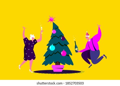 Festive Retired Old People Celebrate New Year and Christmas Holidays.Senior Pensioner Elderly Man,Woman Grandfather,Granmother Dancing at Decorated Fir Tree , Drinking Champagne.Party Invitation Flyer