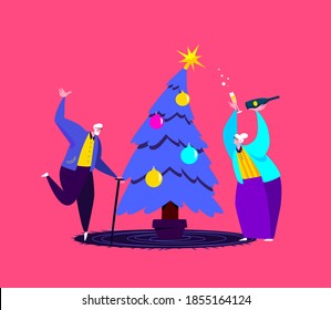 Festive Retired Old People Celebrate New Year and Christmas Holidays.Senior Pensioner Elderly Man,Woman Grandfather,Granmother Dancing at Decorated Fir Tree , Drinking Champagne.Party Invitation Flyer