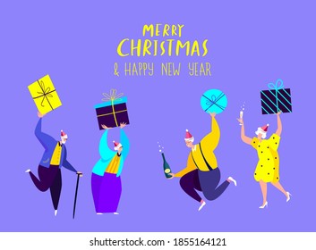 Festive Retired Old People with Presents and Gift Boxes Celebrate New Year and Christmas Holidays.Senior Pensioner Elderly Men,Women.Friends Party Grandfather,Granmother Dancing.Party Invitation Flyer