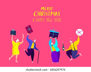 Festive Retired Old People with Presents and Gift Boxes Celebrate New Year and Christmas Holidays.Senior Pensioner Elderly Men,Women.Friends Party Grandfather,Granmother Dancing.Party Invitation Flyer