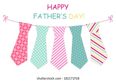 Festive retro garland with ties of primitive prints as greeting card Happy father's day!