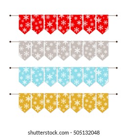 Festive retro garlands with snowflakes ornament bunting flags in traditional Christmas colors