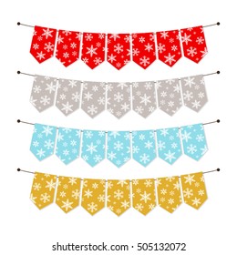 Festive retro garlands with snowflakes ornament bunting flags in traditional Christmas colors