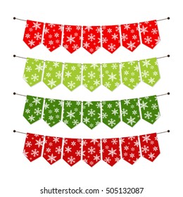 Festive retro garlands with snowflakes ornament bunting flags in traditional Christmas colors