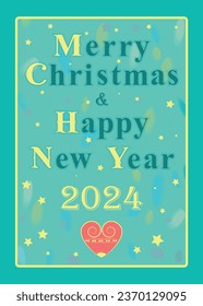 A festive retro greeting card celebrating Christmas and the new year 2024. The text is blue, the number is yellow, and the heart is red. The background is green with stars and watercolor blurs. Perfec