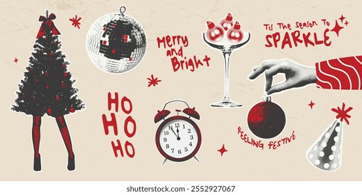 Festliche Retro-Halbtondarstellung in Rot, Schwarz und Beige. Enthält einen Weihnachtsbaum, Ornamente, Uhr, Champagnerglas und Partyhut. Ideal für Urlaubskarten, Poster und Social-Media-Designs