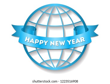 Festive ribbon around the globe, and on it congratulations on the New Year