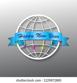 Festive ribbon around the globe, and on it congratulations on the New Year