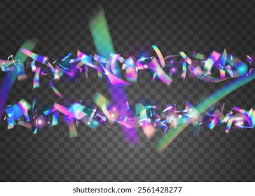 Festive Ribbon. Art Holographic Serpentine. Light Texture. Party Glitter. Falling Design. Disco Effect. Abstract Poster. Purple Laser Background. Pink Festive Ribbon