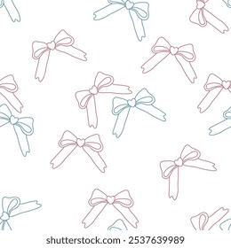 Festive ribbon bows vector seamless pattern on transparent background in retro vintage style for wallpaper background, fabric design, scrapbooking. Flat pink and blue girly illustrations 