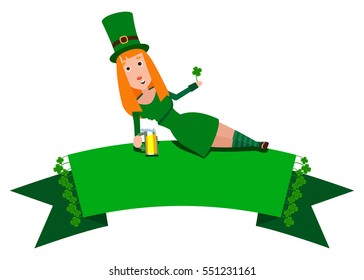 Festive Ribbon with clover and girl Saint Patrick. Woman with red hair lying on the banner. Cheerful man in the green suit with a mug of foamy beer.