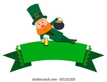 Festive Ribbon with clover and St. Patrick. The man with the red beard is the banner. Cheerful man in the green suit with a mug of foamy beer and a pot of gold.