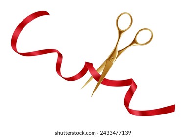 Festive Ribbon Cutting Ceremony. Golden Scissors for Grand Opening Event. Vector illustration