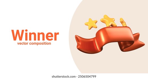 Festive ribbon for winner. Red 3D model with gold stars. Vector mockup