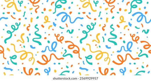 Festive Ribbons and Confetti Endless Background. Party. Holiday Firework Seamless Pattern. Celebration Carnival. Firecracker. Falling colorful confetti for wallpaper, packaging, wrapping, greetings