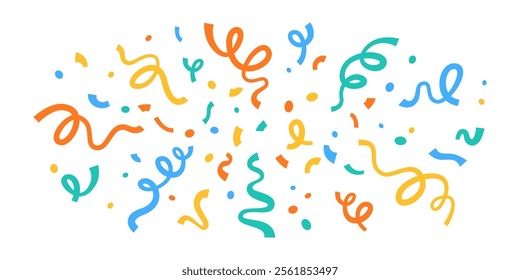 Festive Ribbons and Confetti. Party. Holiday Firework. Celebration Carnival. Firecracker. Falling colorful confetti isolated on white background