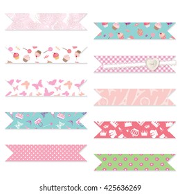 Festive ribbons set. Decorative elements for birthday, baby shower design. Different seamless patterns are full under clipping mask. Isolated on white.