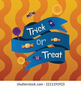 Festive ribbons and theme of Halloween. The lettering on the ribbons and Halloween elements -  sweets, a spiders. Suitable for web and print, holiday mailing.