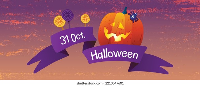 Festive ribbons and theme of Halloween. The lettering on the ribbons and Halloween elements - pumpkins, sweets, a spiders. Suitable for web and print, holiday mailing.